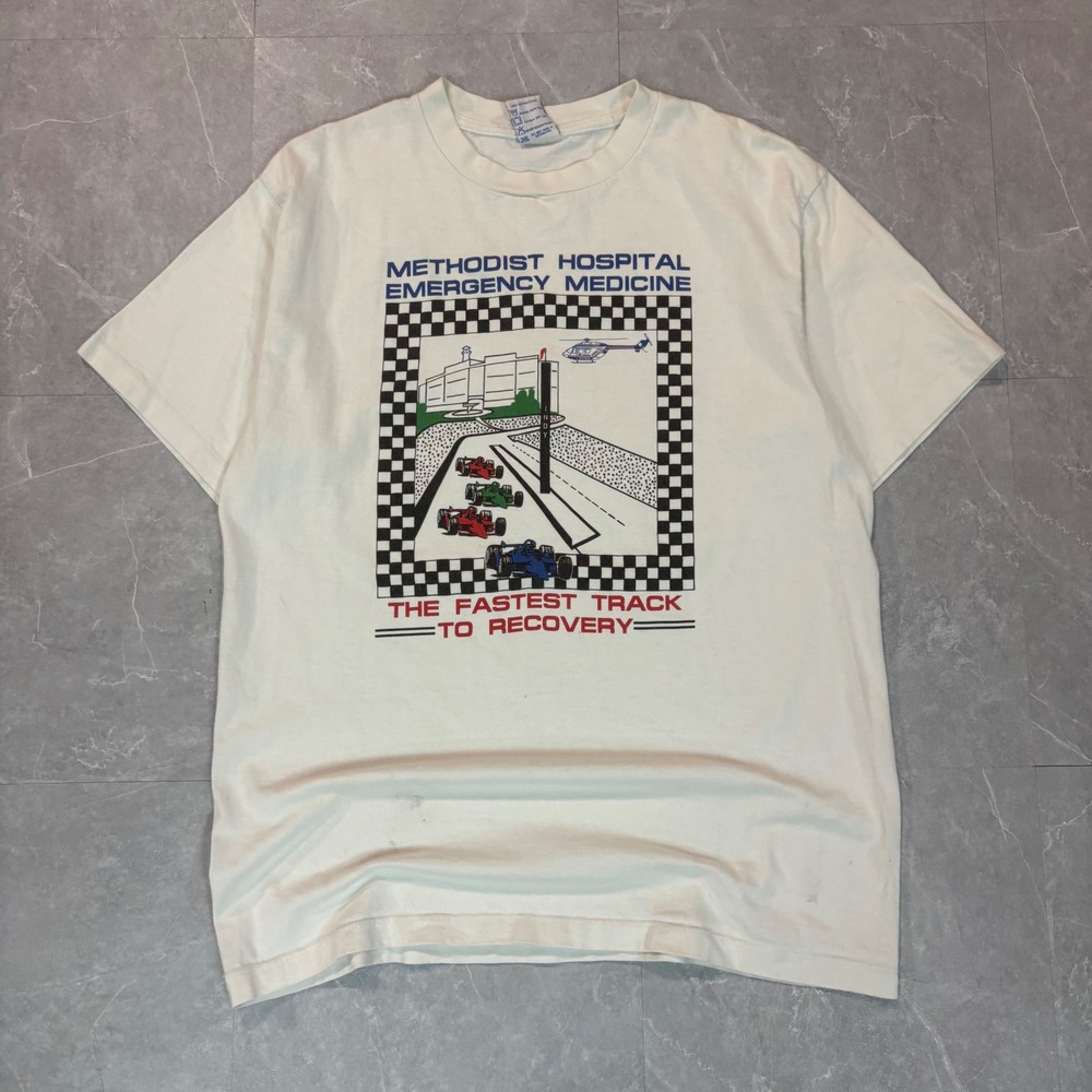 Vintage Methodist Hospital Emergency Medicine Racing T-Shirt Cream Mens‎ XL Indy